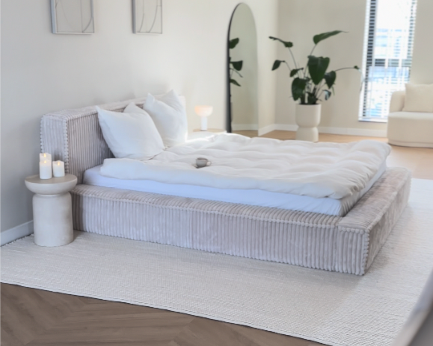 Amore Teddyrib bed met Opbergruimte + Hybrid Pocket 500 Matras - Nº28 - Pearl White