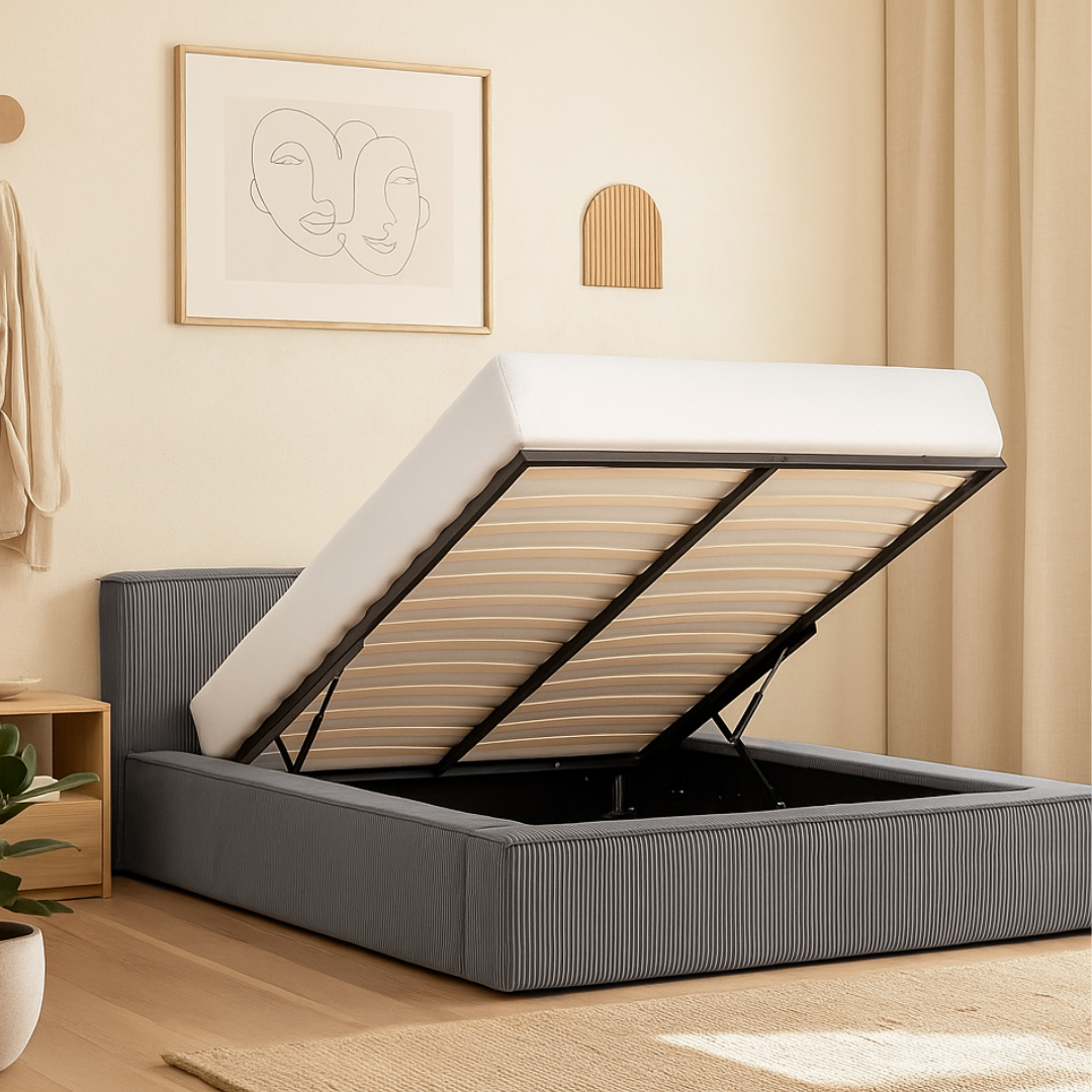 Amore Cozy Teddyrib bed met Opbergruimte + Hybrid Pocket 500 Matras - Nº113 - Antracite