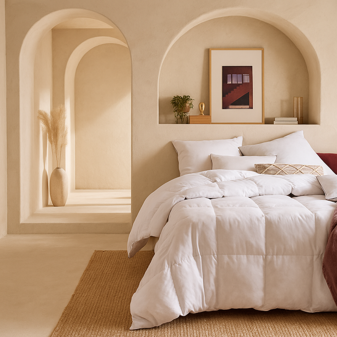 Dekbed Zonder Overtrek Luxe Donsveren Pearl White met Taupe bies