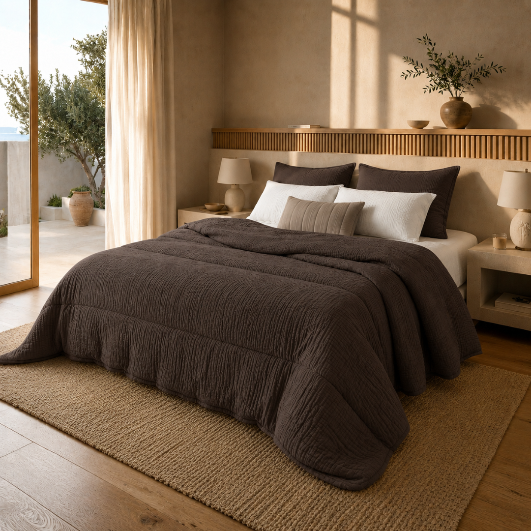 Donkerbruin micro mousseline dekbed zonder overtrek op opgemaakt bed in warme slaapkamer met openslaande terrasdeuren