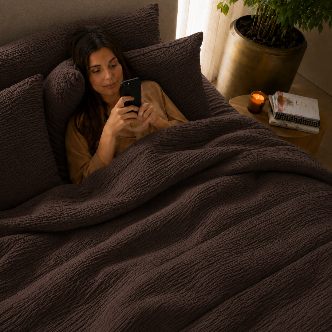 Vrouw liggend in bed onder donkerbruin micro mousseline dekbed zonder overtrek in sfeervolle slaapkamer met kaars