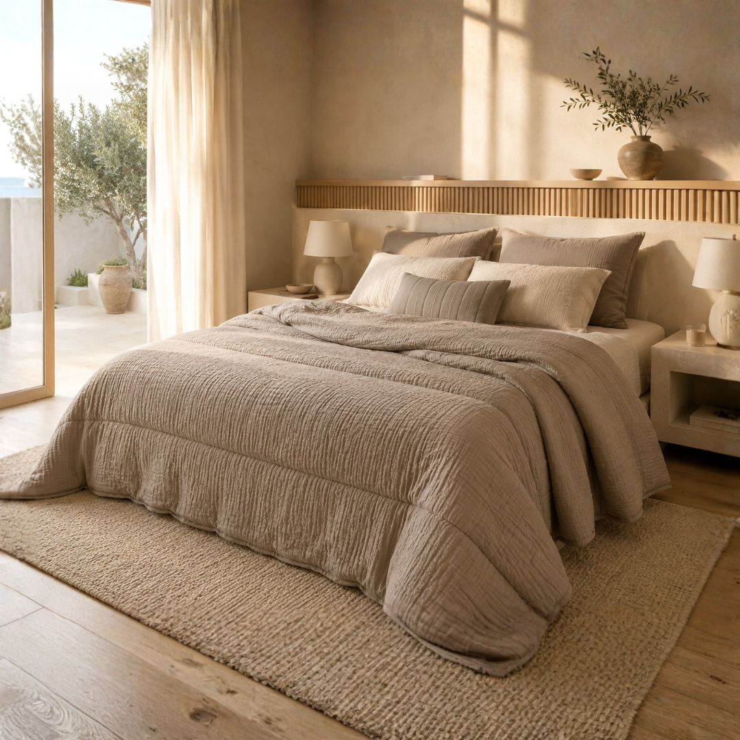 Micro mousseline dekbed zonder overtrek in taupe op opgemaakt bed in lichte slaapkamer met uitzicht op terras