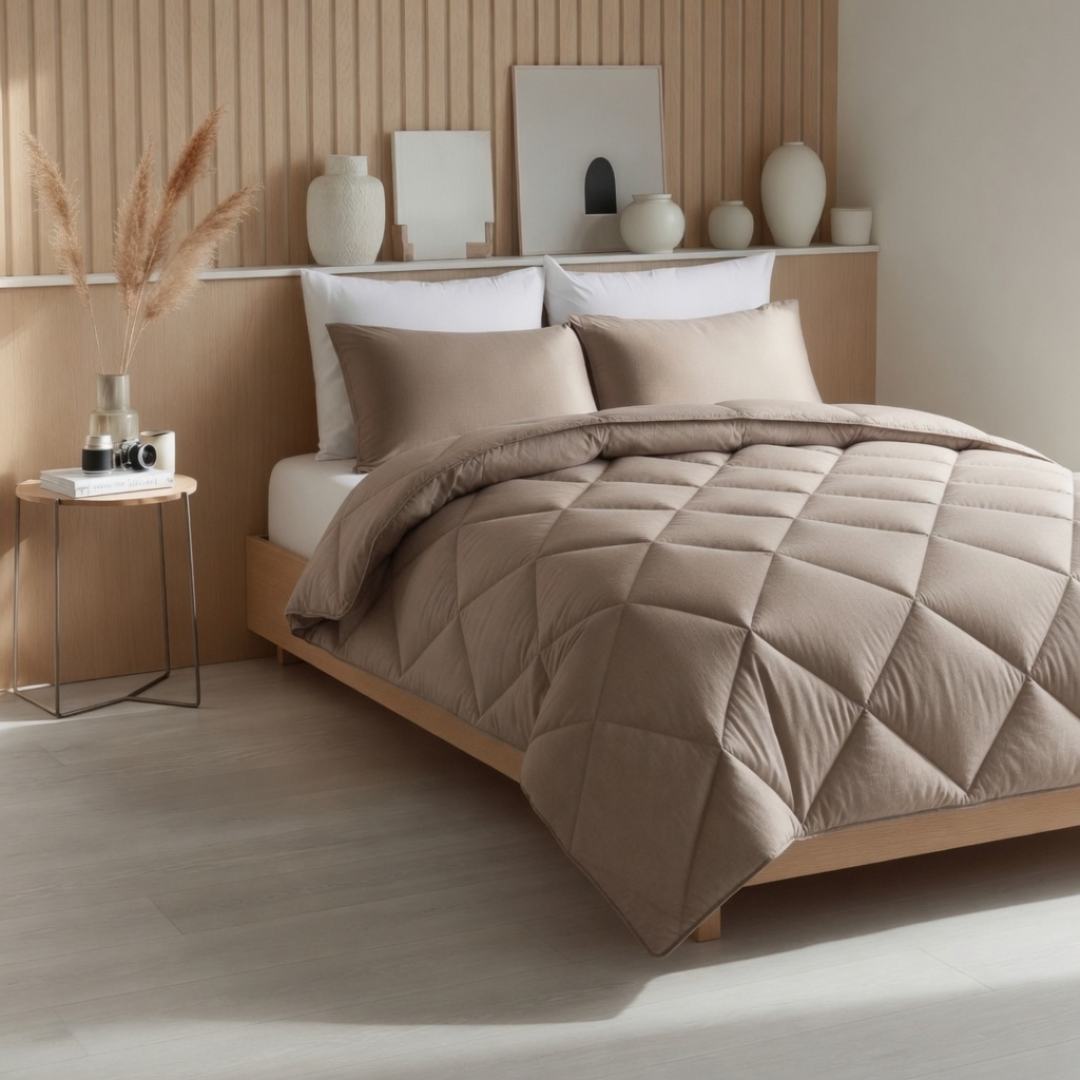 Y-NOT all year dekbed zonder overtrek in taupe op opgemaakt bed in Scandinavische slaapkamer met houten wandpanelen en pampasgras