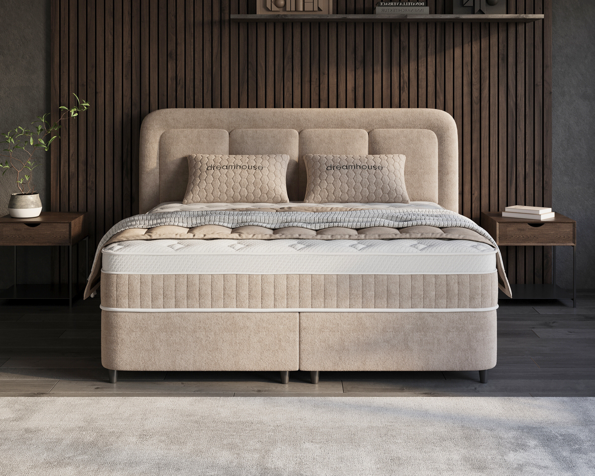 Velar opbergboxspring in beige stof met gesloten matras