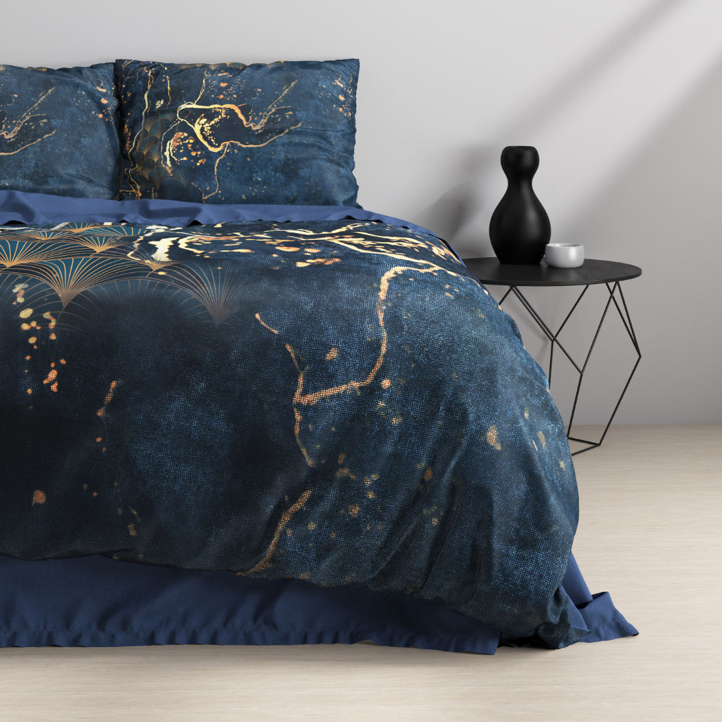 Cotton Satin Duvet Cover Set Marble Gold Navy Blue