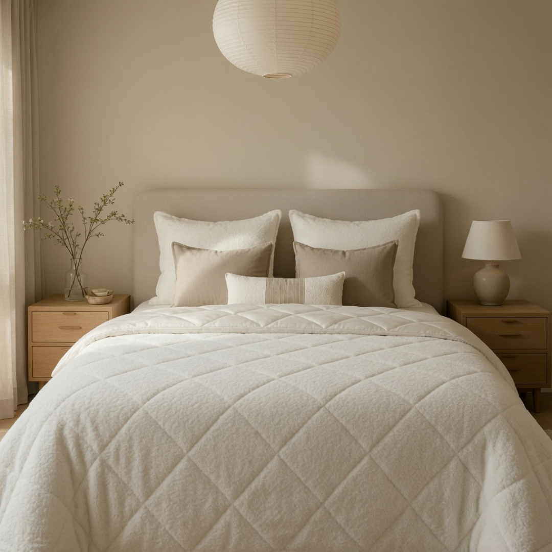 Wit teddy zomerdekbed zonder overtrek op frontaal opgemaakt tweepersoonsbed met beige en witte kussens