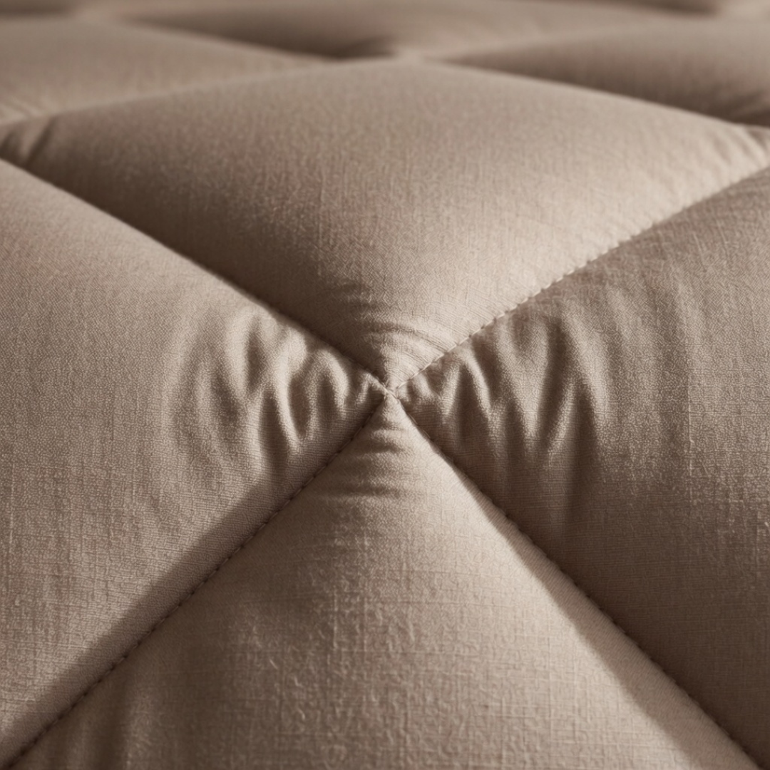 Close-up van taupe all year dekbed zonder overtrek met zichtbare quilting en zachte geweven stofstructuur