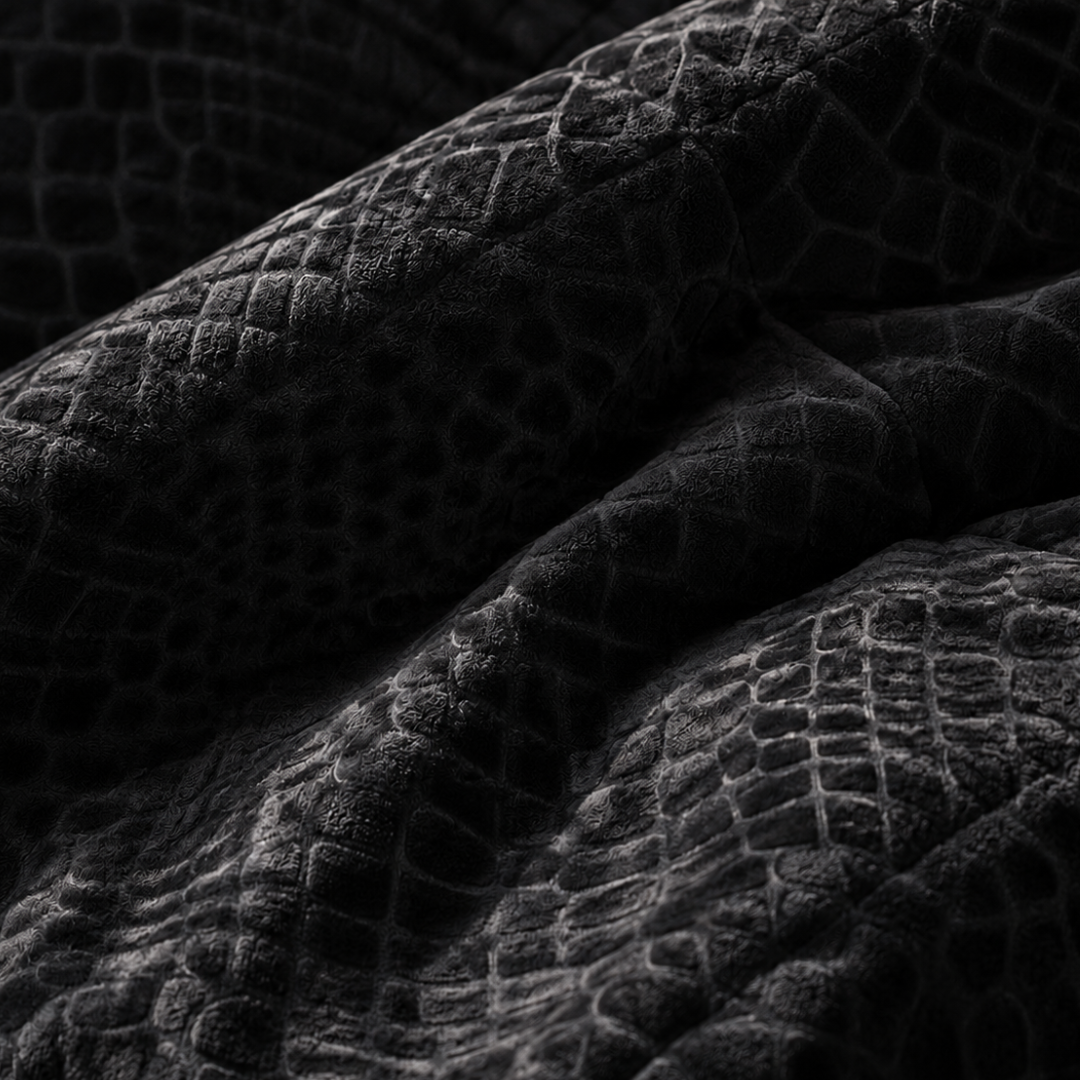 Extreme close-up van zwart velvet dekbed zonder overtrek met diepzwart reliëf slangenpatroon en zachte stofstructuur