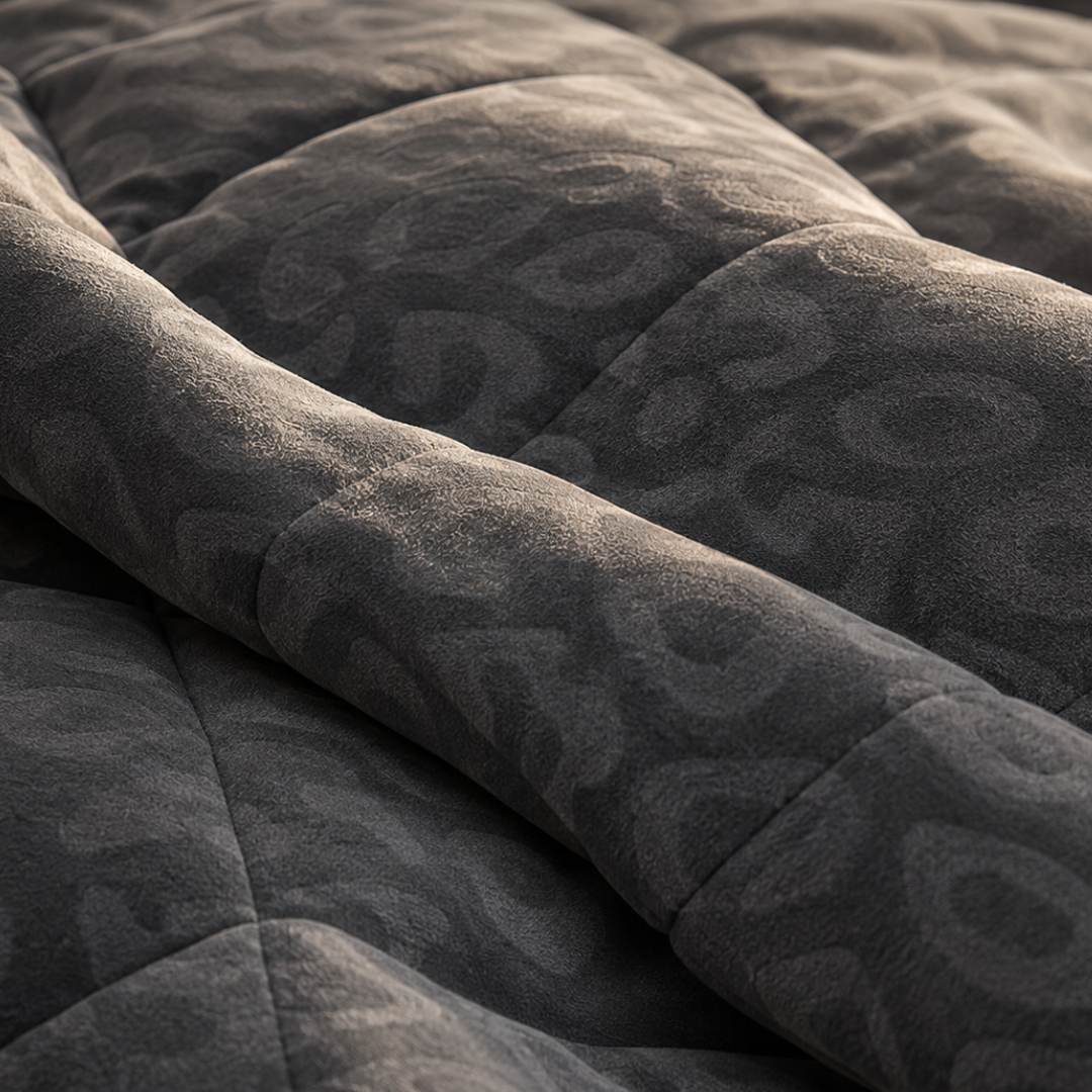Close-up van antraciet velvet dekbed zonder overtrek met zacht reliëf luipaardpatroon en zichtbare quilting