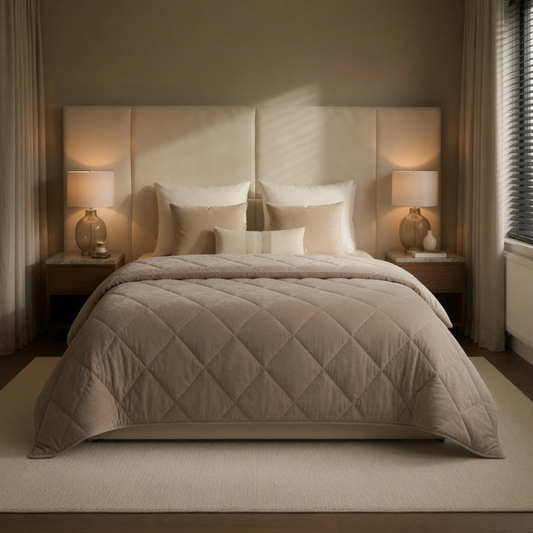 Taupe velvet dekbed zonder overtrek op frontaal opgemaakt tweepersoonsbed met crème kussens en warme lamp verlichting