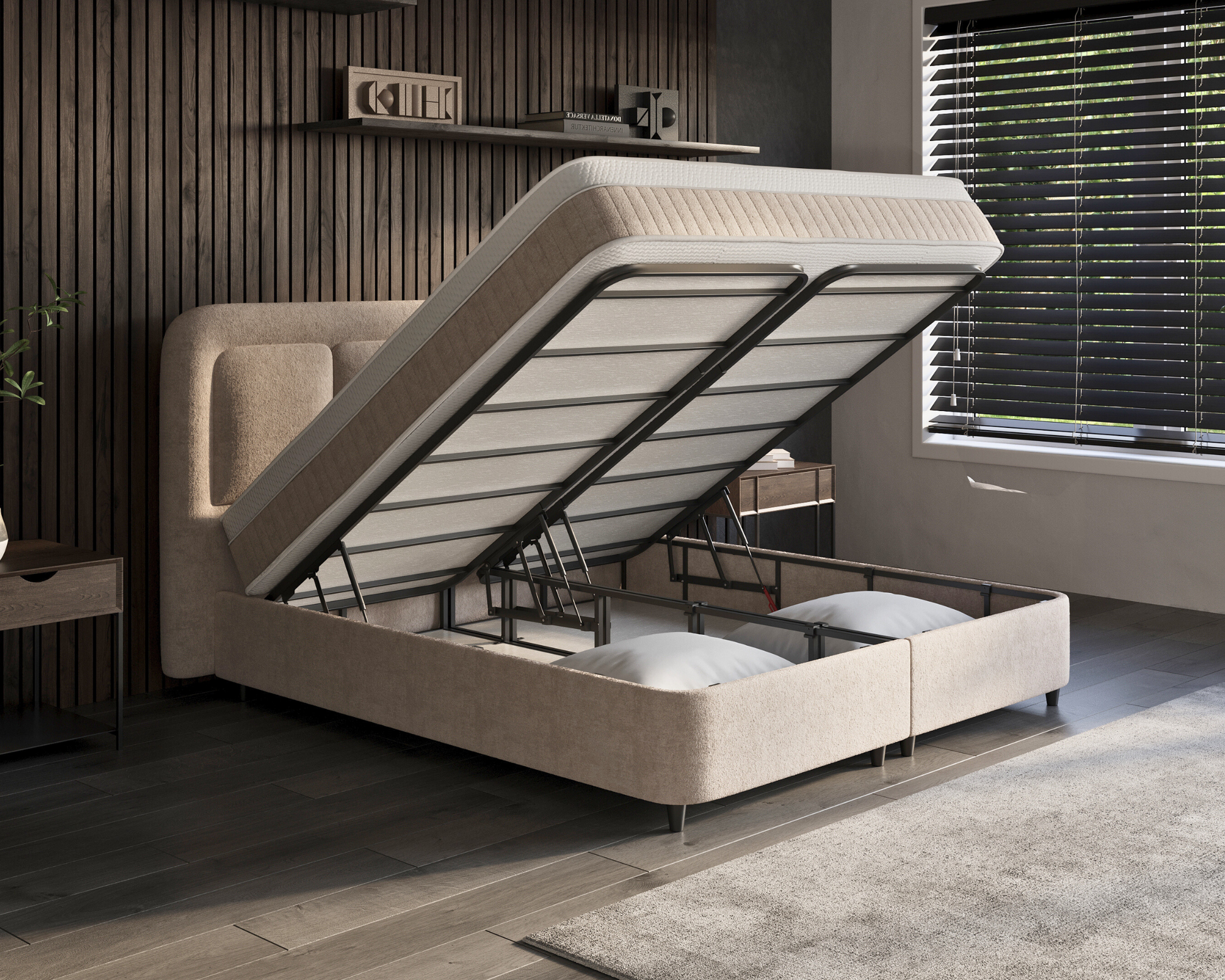 Luxe Velar boxspring met opbergruimte en hoofdbord in hotelstijl
