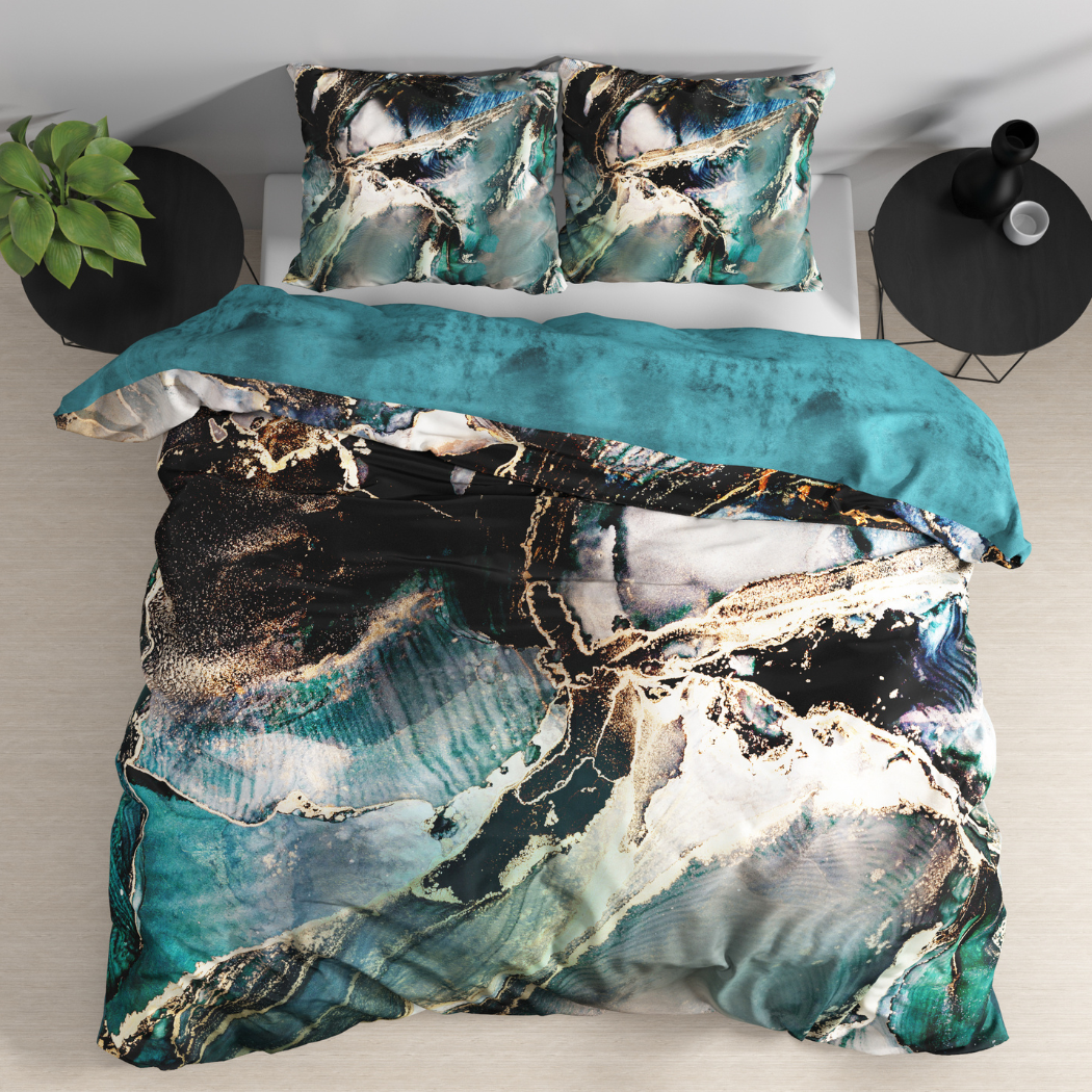 Cotton Satin Duvet Cover Set Marble Gold Green