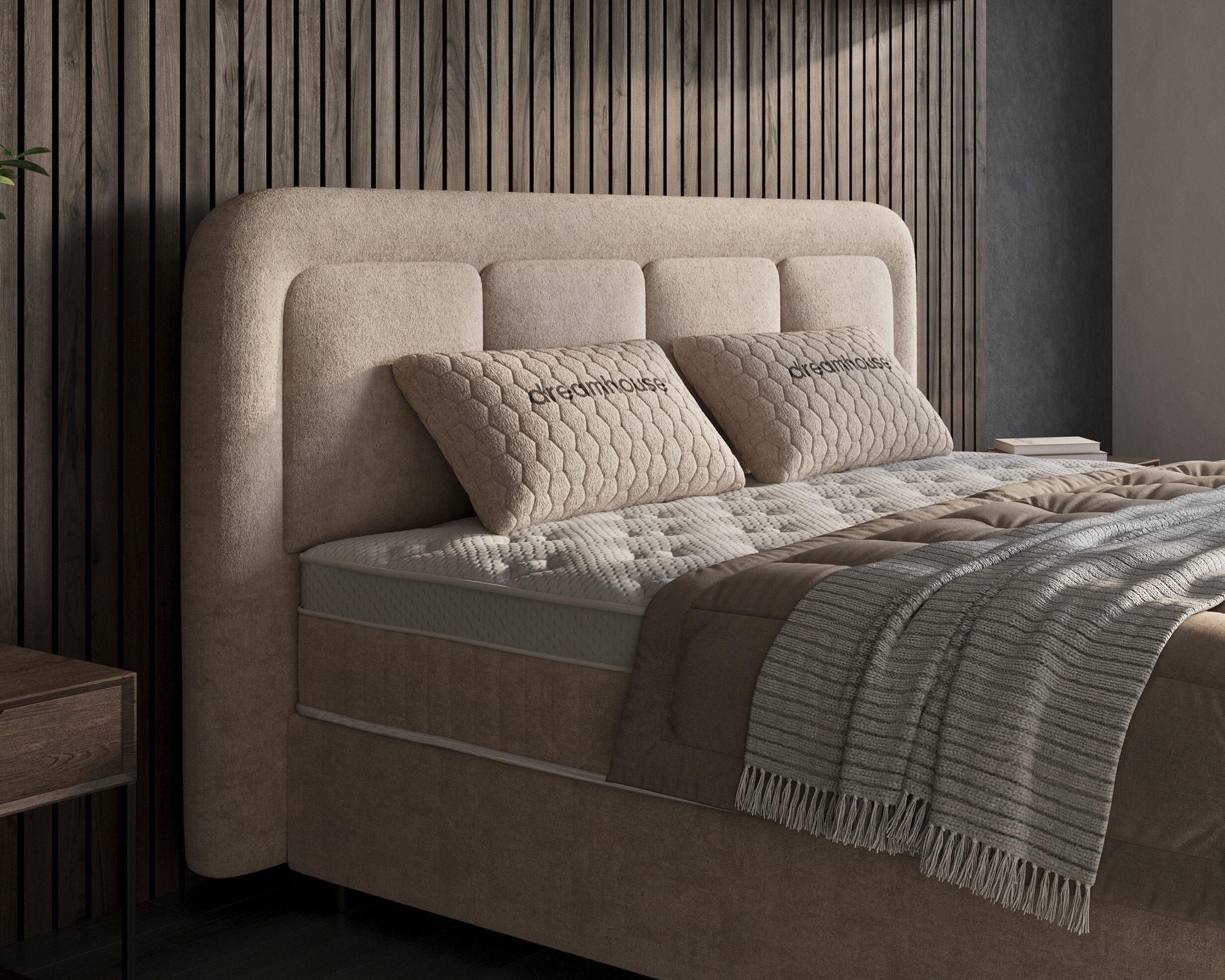 Beige Velar bed met hoog hoofdbord en stijlvolle afwerking