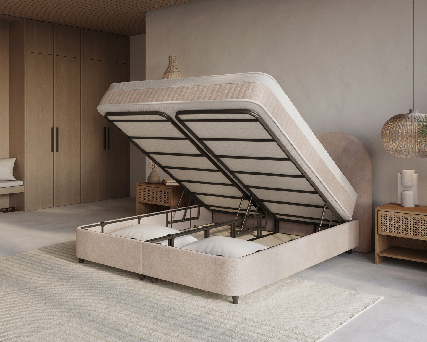 Arcus bed met Opbergruimte + Hybrid Pocket 500 Matras  - Nº06 - Beige