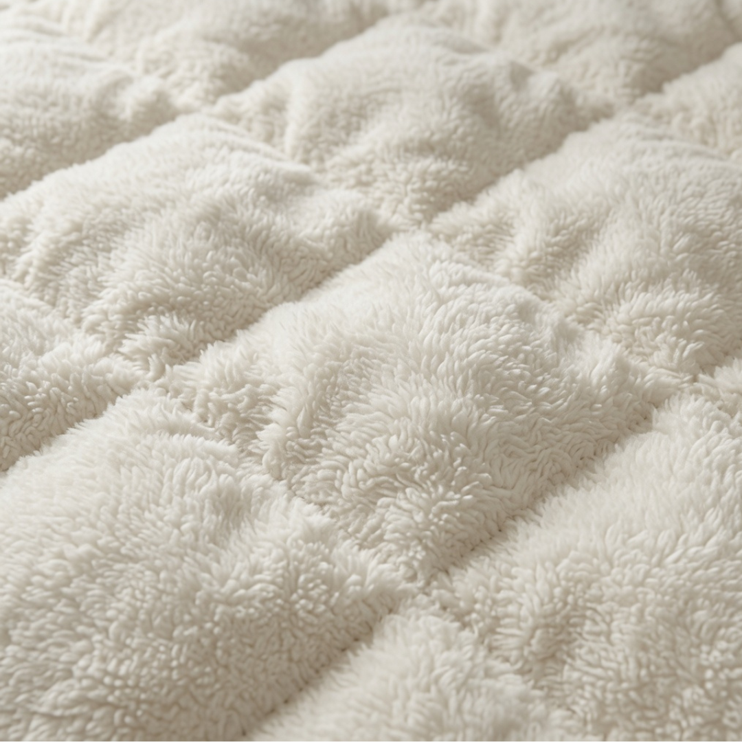 Close-up van wit teddy zomerdekbed zonder overtrek met zachte pluche stofstructuur en zichtbare quilting