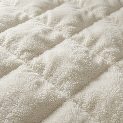 Close-up van wit teddy zomerdekbed zonder overtrek met zachte pluche stofstructuur en zichtbare quilting