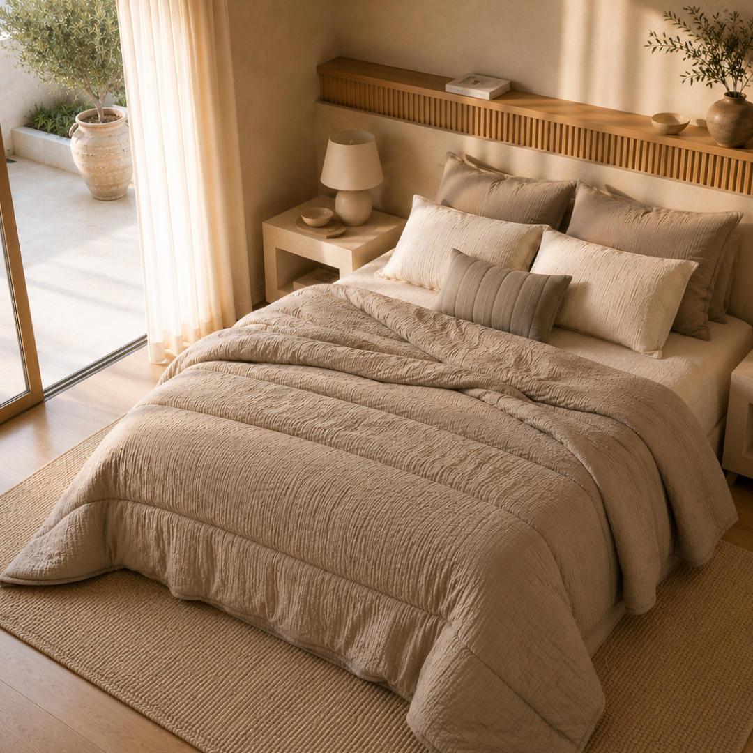 Taupe micro mousseline dekbed zonder overtrek op bed in warme slaapkamer met houten vloer en openslaande deuren