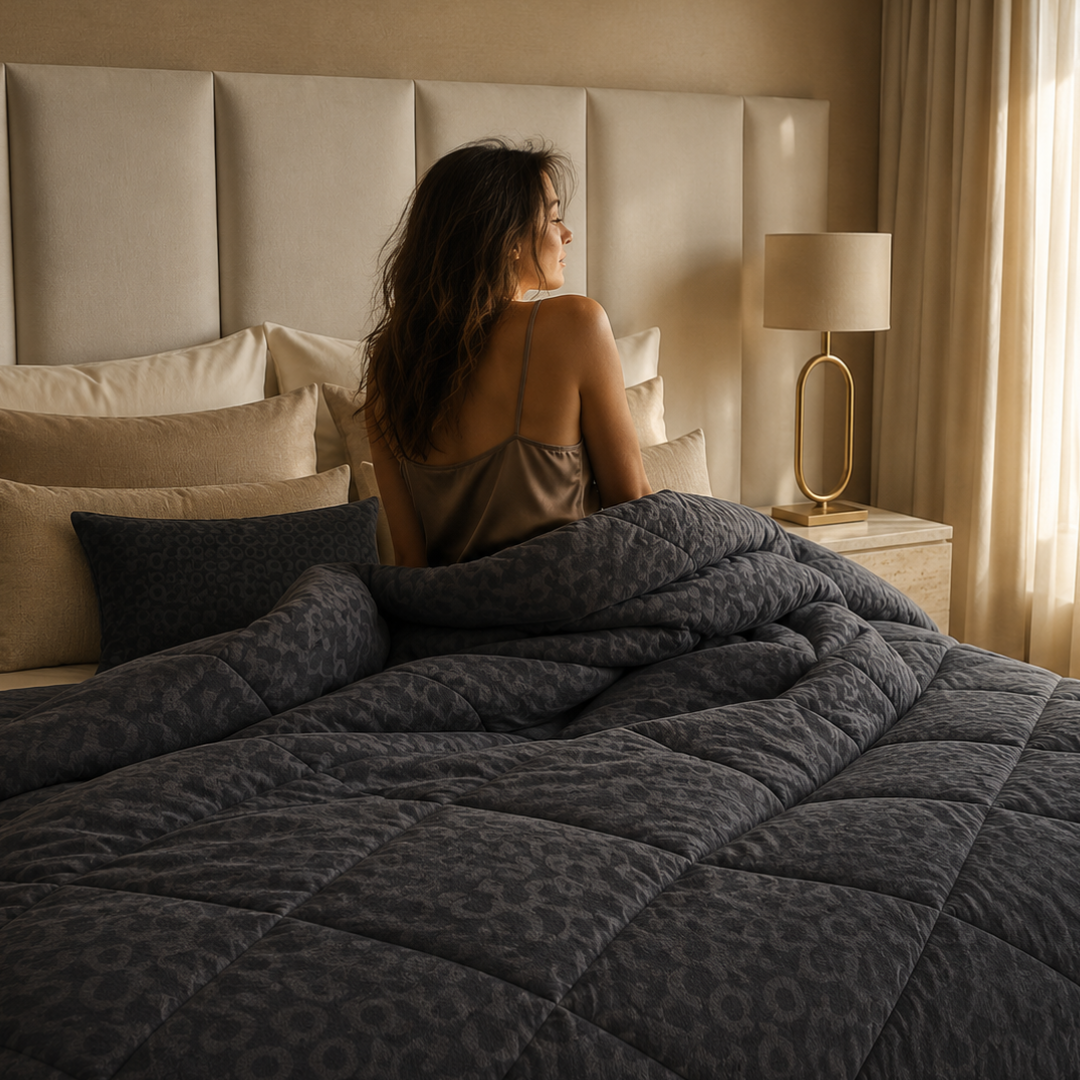 Vrouw zittend op bed onder antraciet velvet dekbed zonder overtrek met luipaardprint in warme slaapkamer