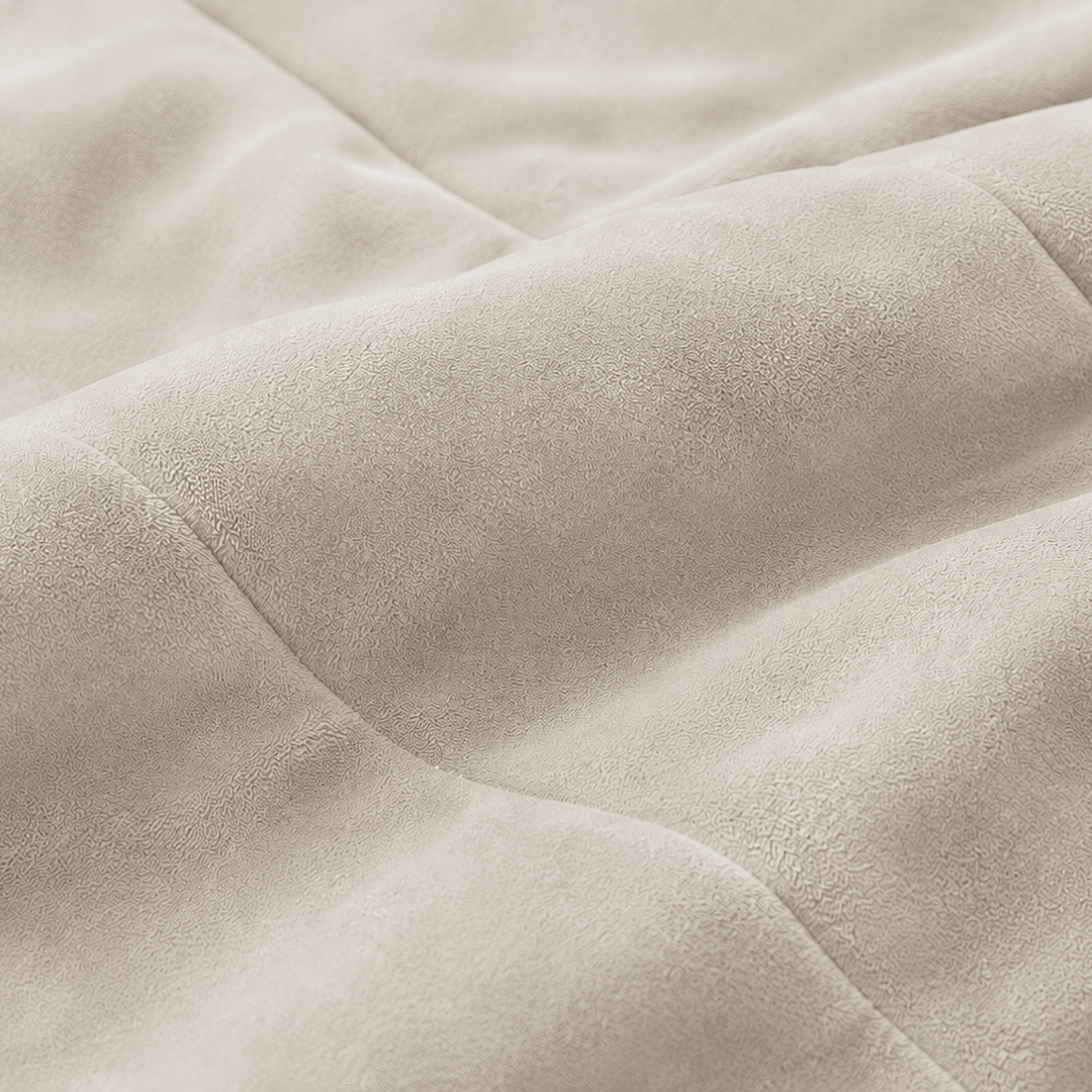 Close-up van wit velvet zomerdekbed zonder overtrek met subtiel reliëfpatroon en zichtbare quilting in crème tint
