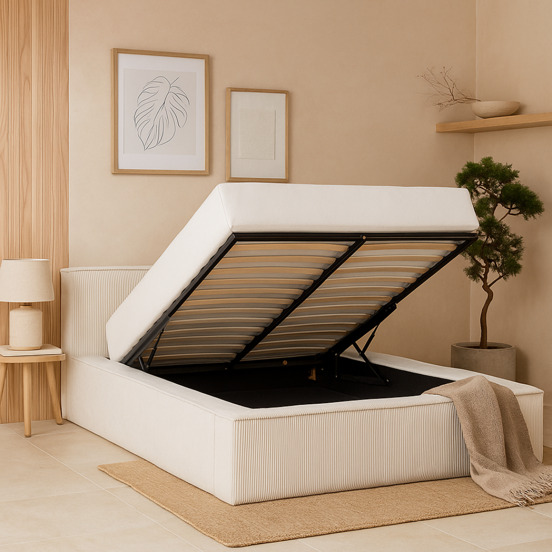 Amore Cozy Teddyrib bed met Opbergruimte + Hybrid Pocket 500 Matras - Nº24 - Pearl White