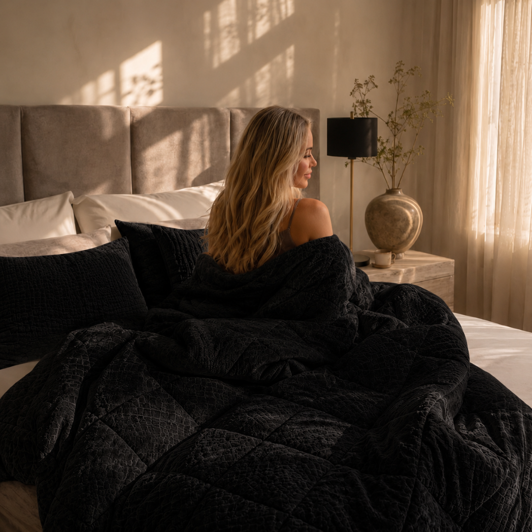Vrouw in luxe slaapkamer onder zwart velvet dekbed zonder overtrek met slangenreliëf van Y-NOT Dreambig