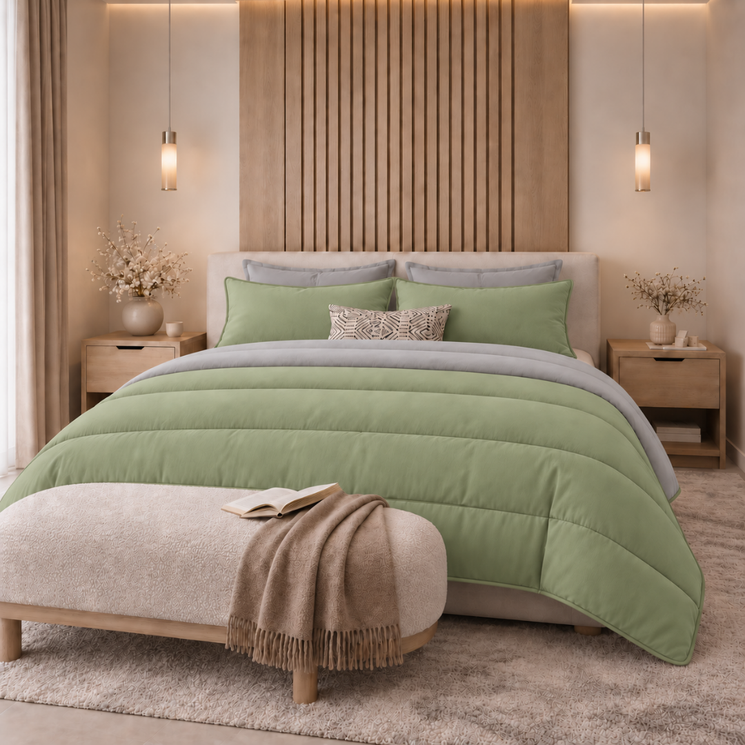 Y-NOT Uni Dekbed Grijs/Groen met bies groen