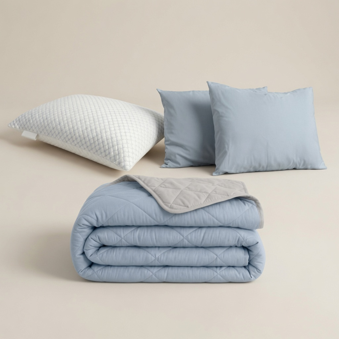 1 zomerdekbed + 2 slopen + 1 Cooling Hoofdkussens | Light Blue 140x200