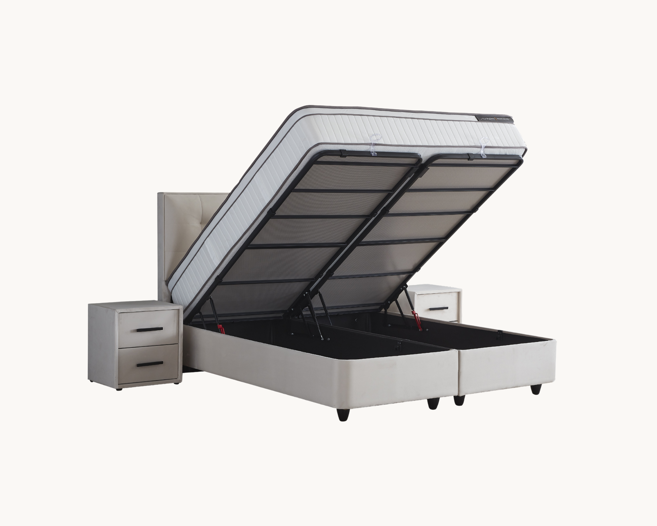 Boxspring met Opbergruimte Modebedd Beige - Luxe 7-zone matras met Aloevera 800 (micro) pockets/m² met ingebouwde topper - Complete set