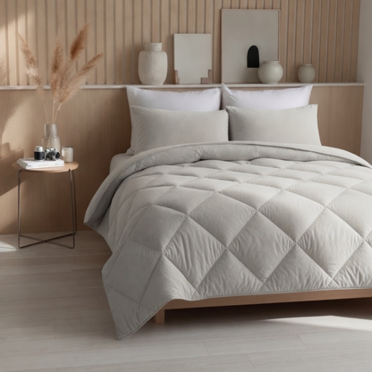 Off-white all year dekbed zonder overtrek op opgemaakt bed in hoekperspectief met Scandinavische slaapkamer en pampasgras