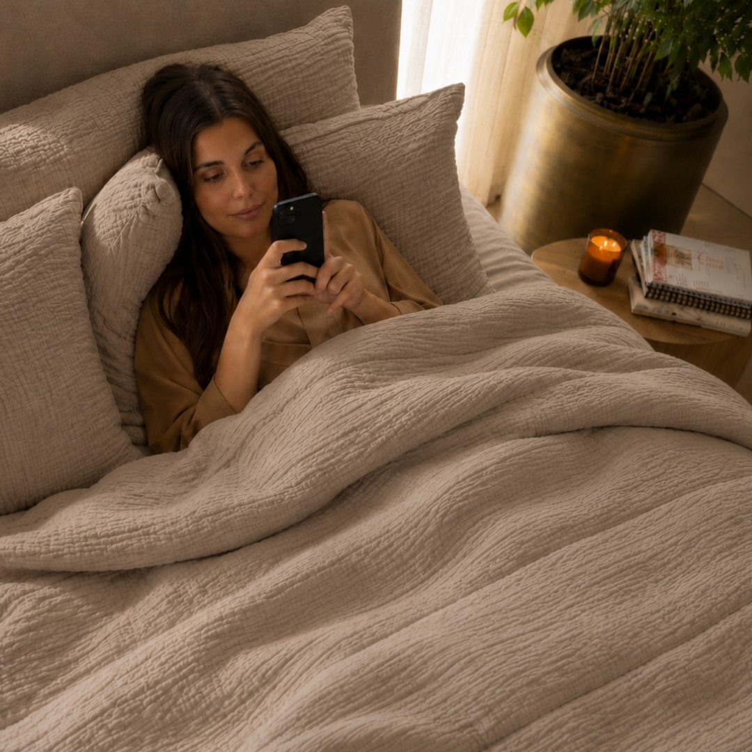Vrouw liggend in bed onder micro mousseline dekbed zonder overtrek in taupe in gezellige slaapkamer met kaars