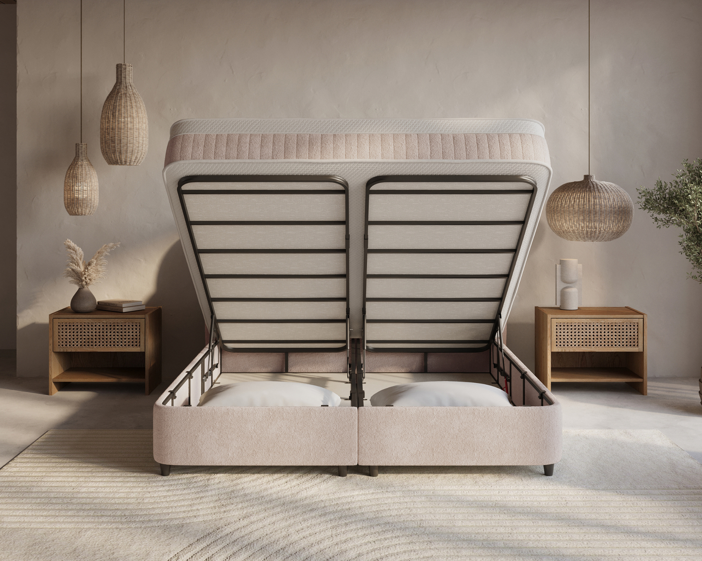 Arcus bed met Opbergruimte + Hybrid Pocket 500 Matras  - Nº06 - Beige