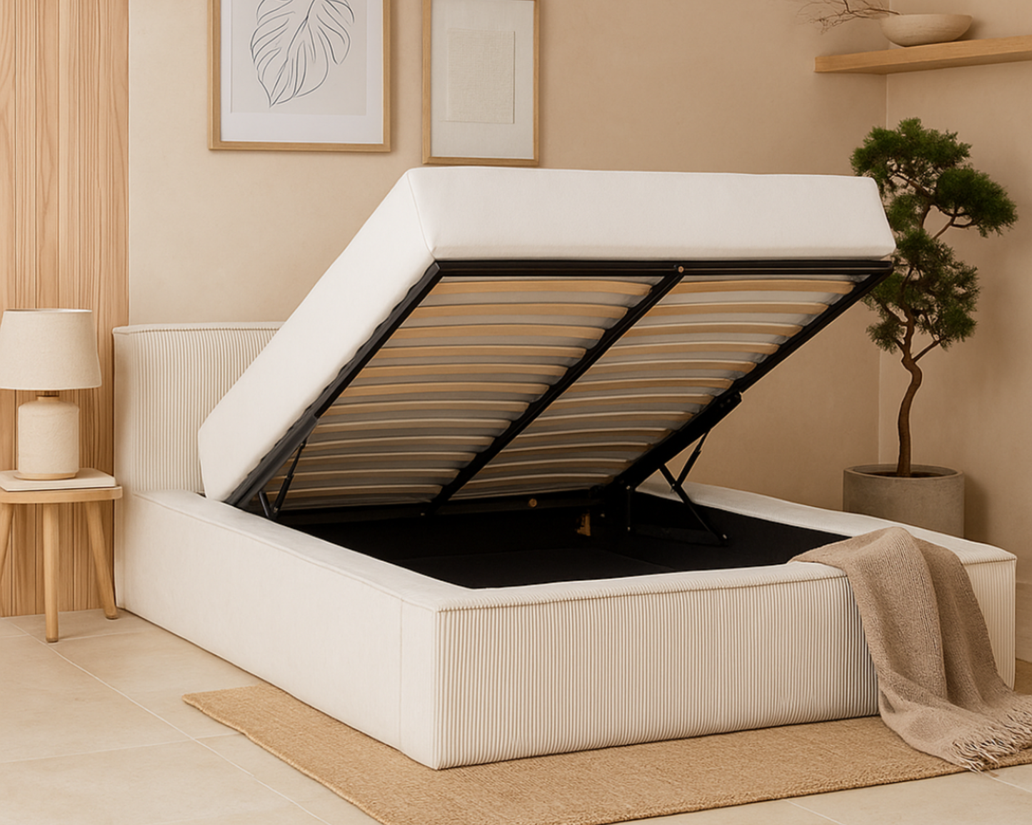 Amore Cozy Teddyrib bed met Opbergruimte + Hybrid Pocket 500 Matras - Nº24 - Pearl White