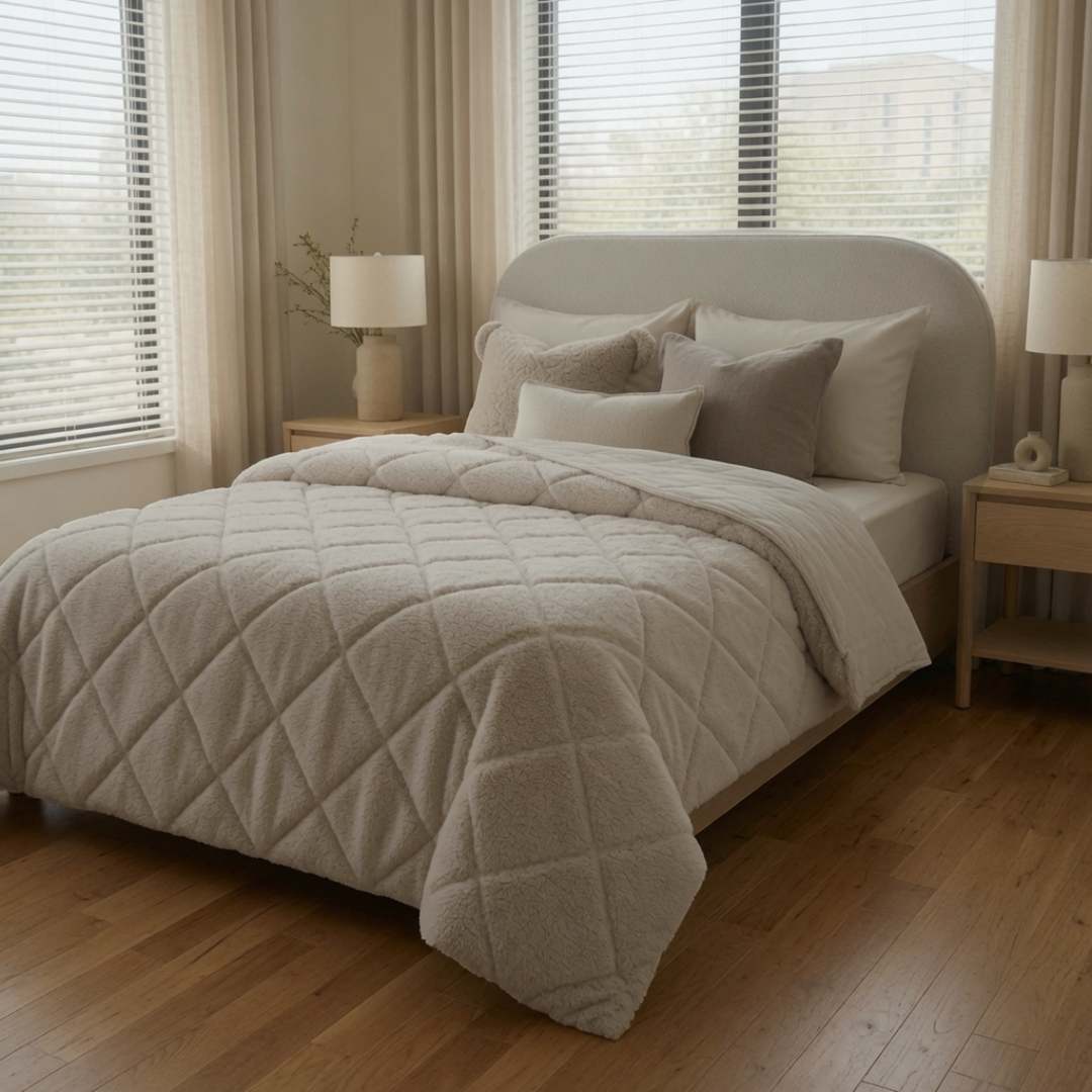 Taupe teddy zomerdekbed zonder overtrek op opgemaakt bed in lichte slaapkamer met houten vloer en grote ramen
