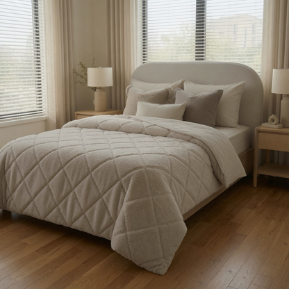 Taupe teddy zomerdekbed zonder overtrek op opgemaakt bed in lichte slaapkamer met houten vloer en grote ramen