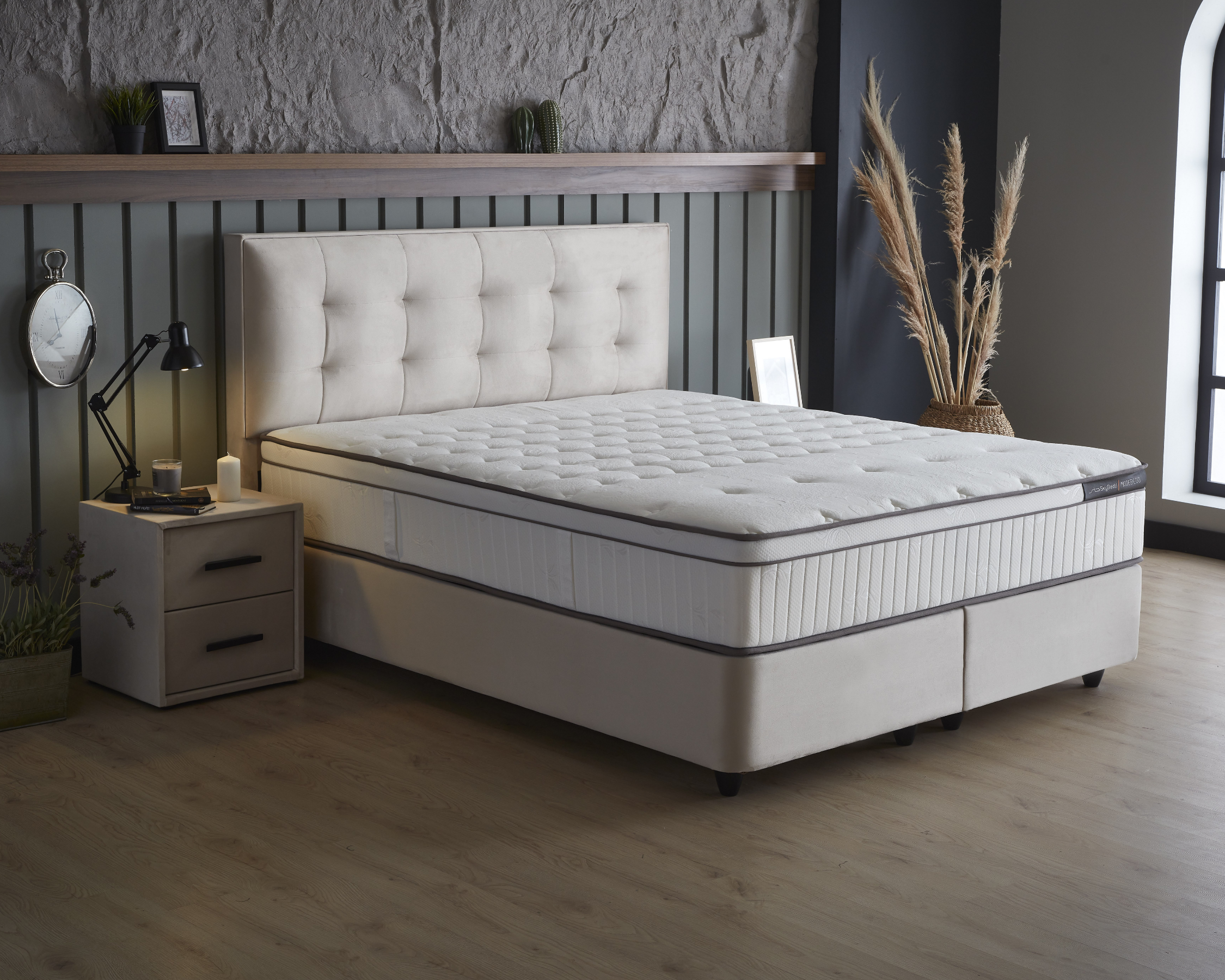 Boxspring met Opbergruimte Modebedd Beige - Luxe 7-zone matras met Aloevera 800 (micro) pockets/m² met ingebouwde topper - Complete set