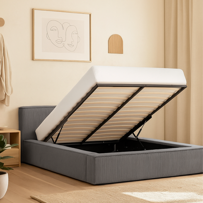 Amore Cozy Teddyrib bed met Opbergruimte + Hybrid Pocket 500 Matras - Nº113 - Antracite