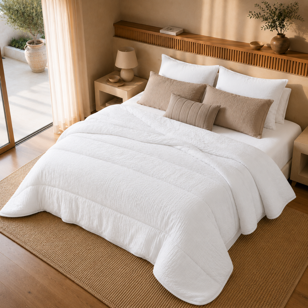 Wit micro mousseline dekbed zonder overtrek op bed in zonnige slaapkamer met houten vloer en openslaande deuren
