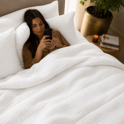 Vrouw liggend in bed onder wit micro mousseline dekbed zonder overtrek in gezellige slaapkamer met kaars