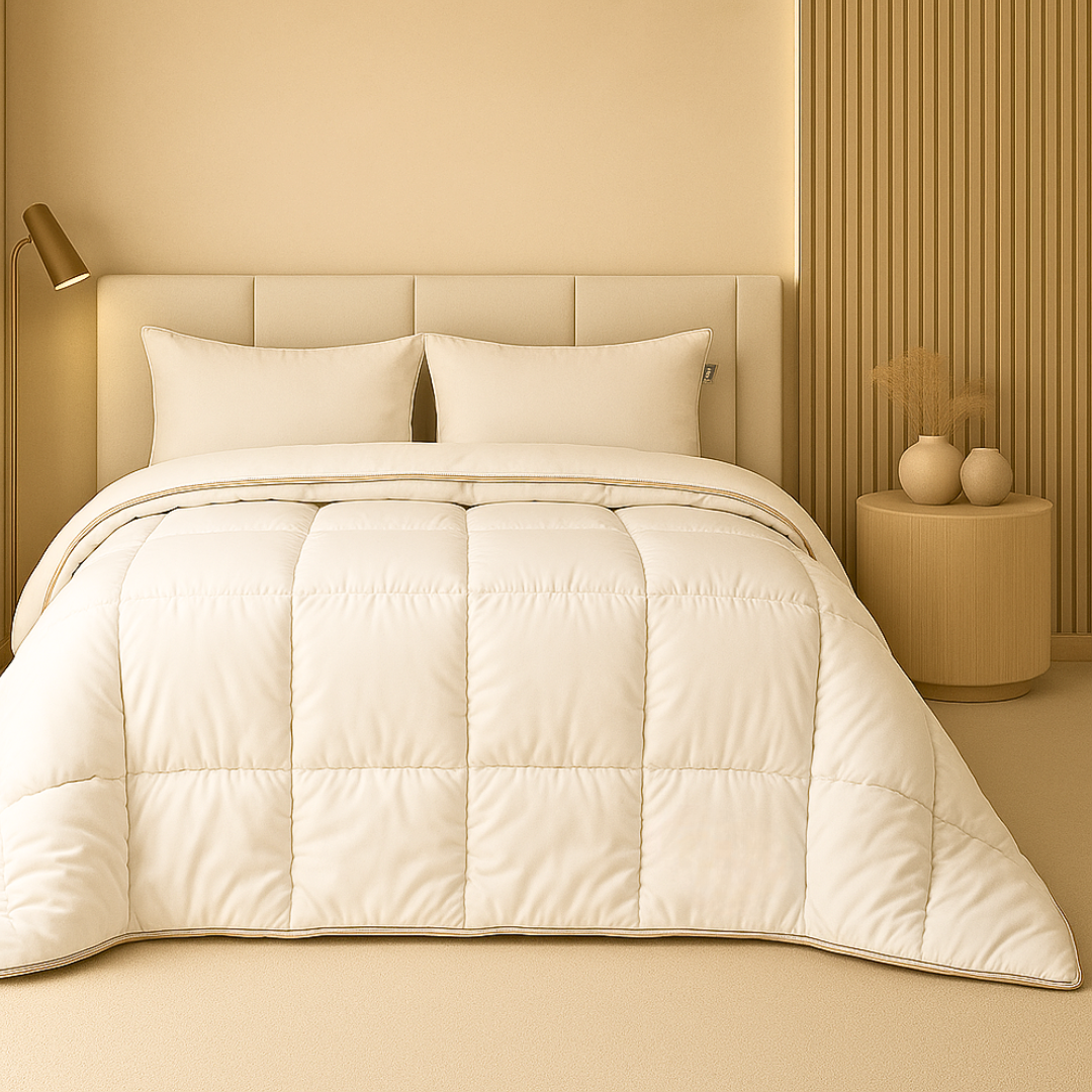 Dekbed Zonder Overtrek Luxe Donsveren Pearl White met Taupe bies