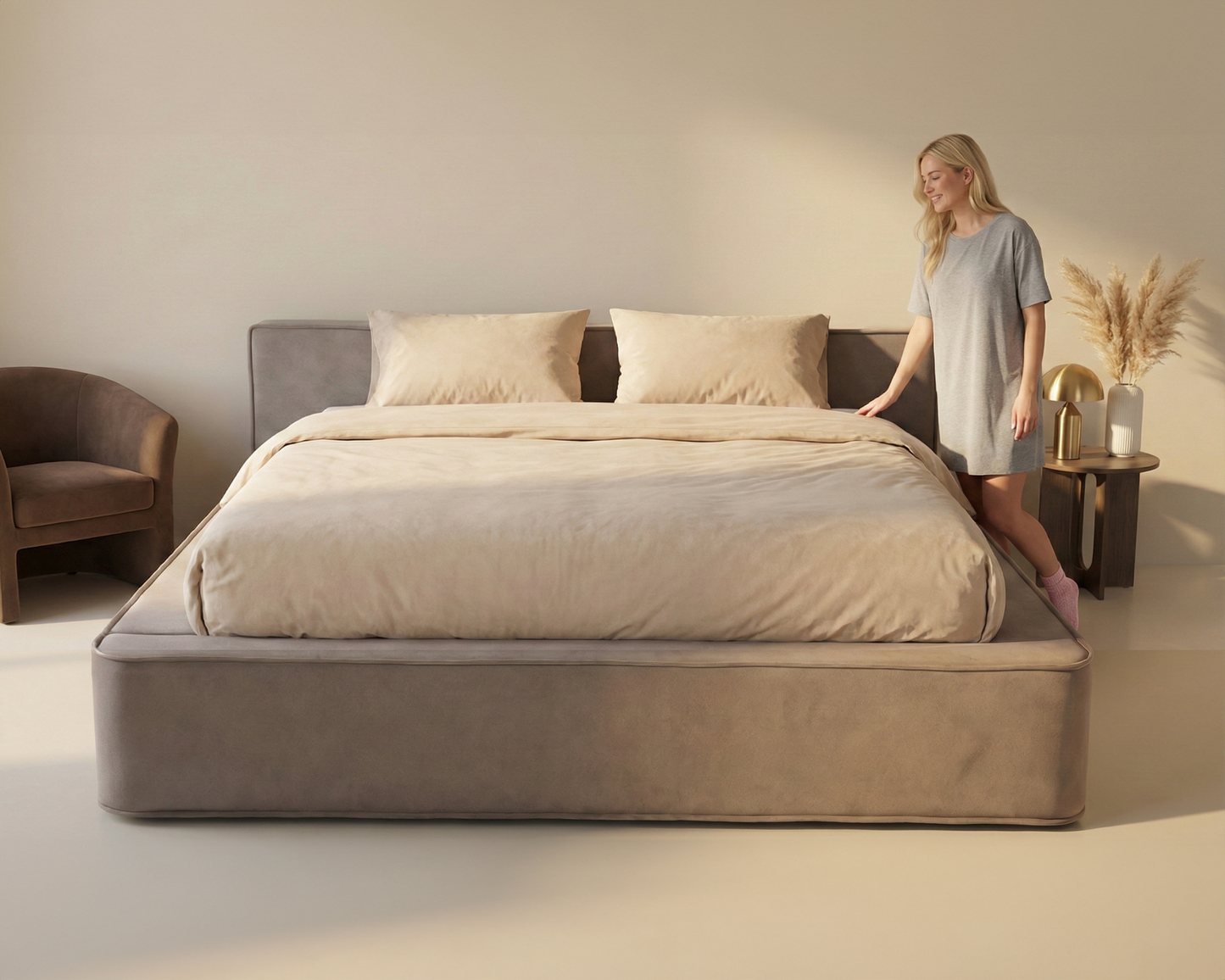 Amore Velvet bed met Opbergruimte + Hybrid Pocket 500 Matras - Nº89 - Taupe