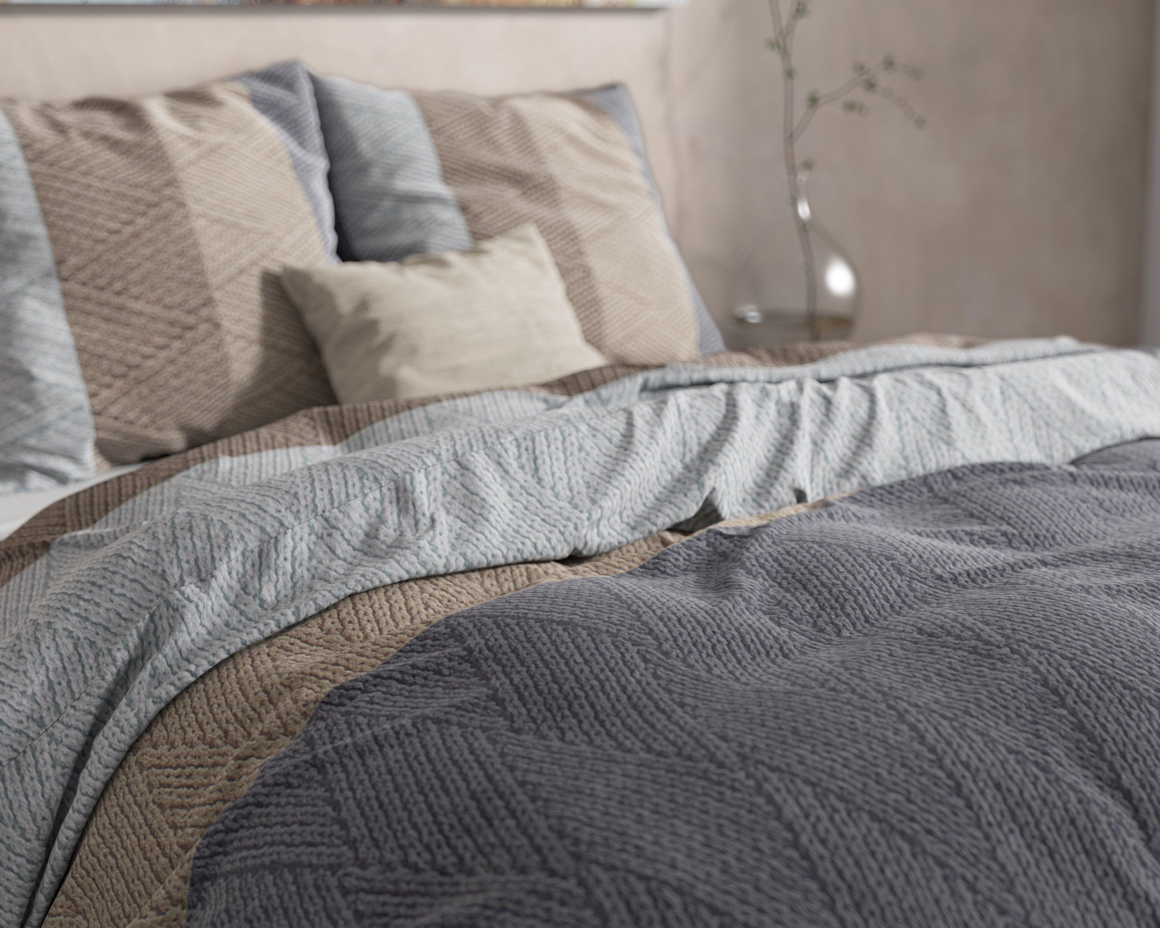 Een slaapkamer die warmte en comfort uitstraalt met het Knitty Natural Taupe/Grey dekbedovertrek