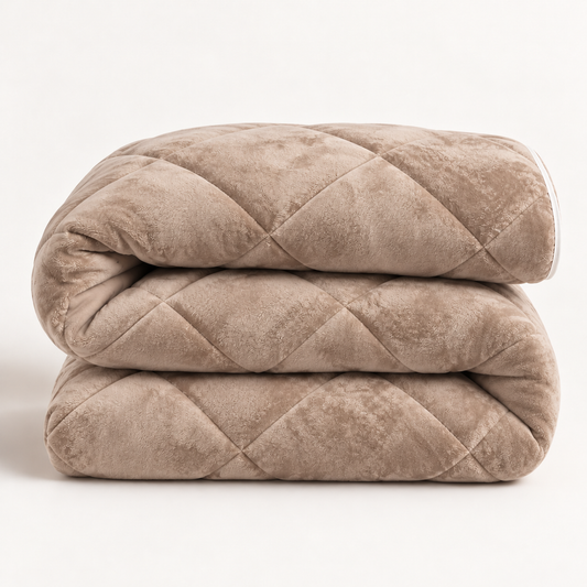 Taupekleurig soft-fleece dekbed met diamantstiksels en off-white bies, opgevouwen in drie lagen.