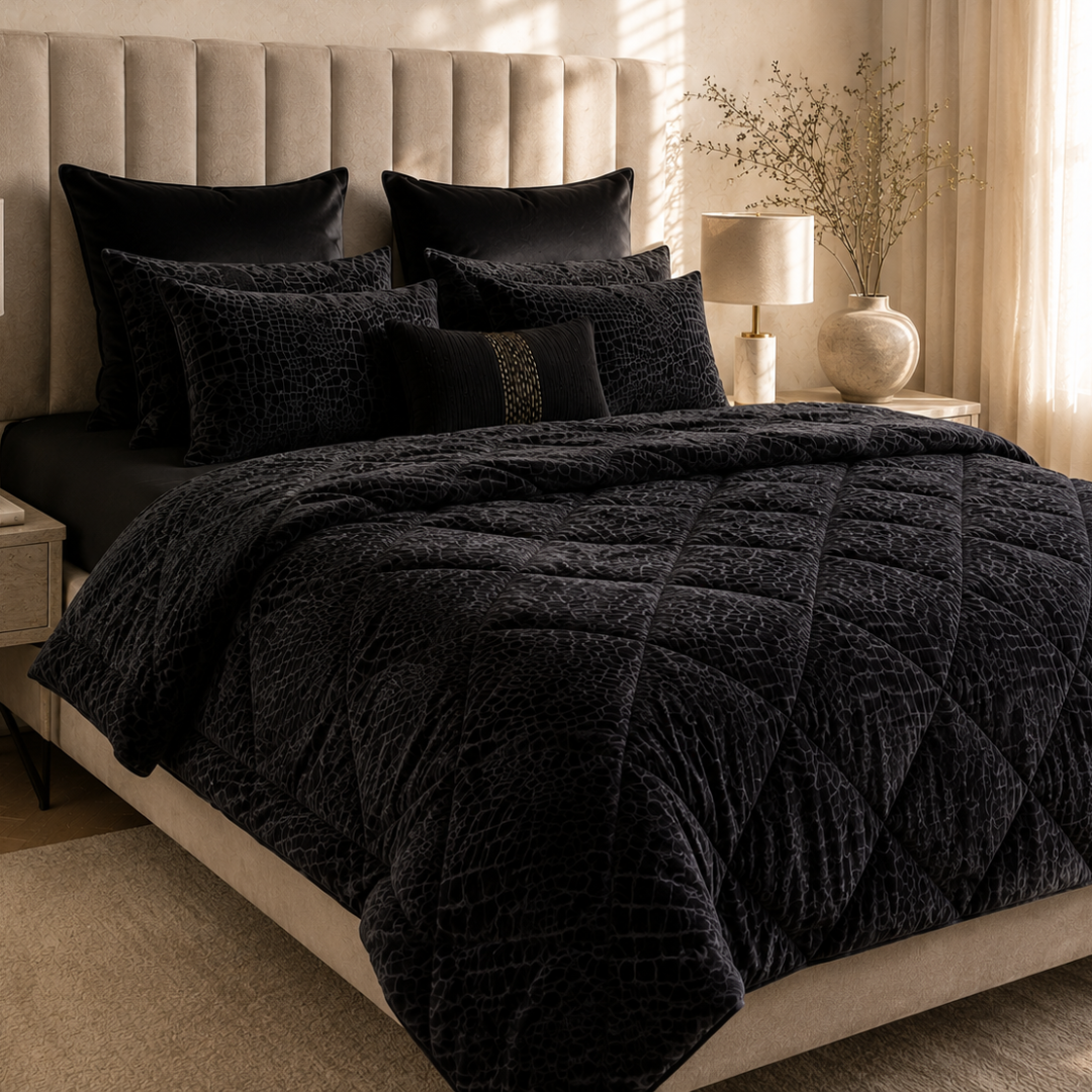 Zwart velvet dekbed zonder overtrek op volledig opgemaakt tweepersoonsbed met bijpassende kussens in luxe slaapkamer